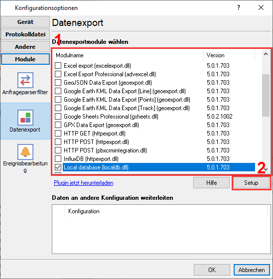 Plugin-Auswahl zum Exportieren analysierter Daten in CSV- oder Textdateien.