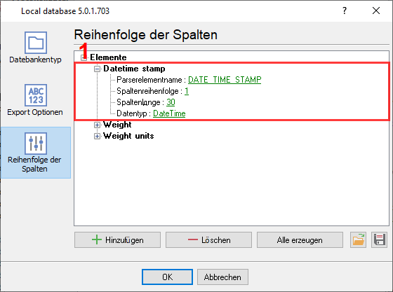 Spaltenkonfiguration in CSV-Dateien.