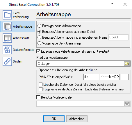 Einstellungen der Excel-Arbeitsmappe.
