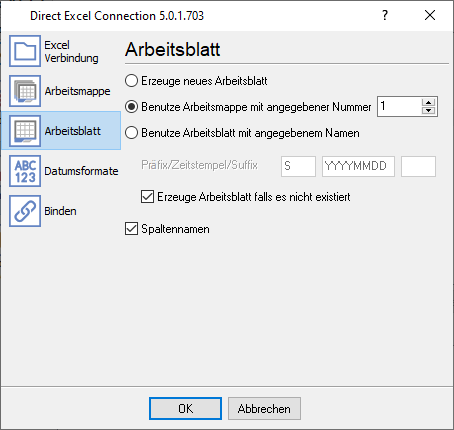 Einstellungen des Excel-Arbeitsblatts.