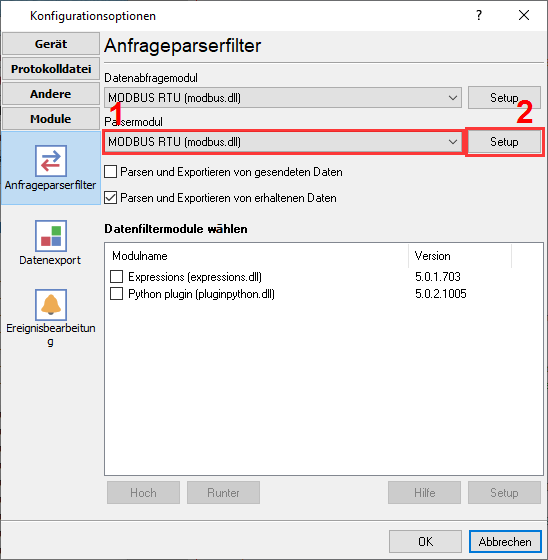 MODBUS-RTU-Plugin-Auswahl zur Abfrage und zum Parsen von Daten.