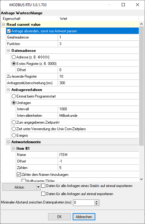 MODBUS-RTU-Abfragewarteschlange: benutzerdefinierte Konfiguration zum Lesen verschiedener Register.