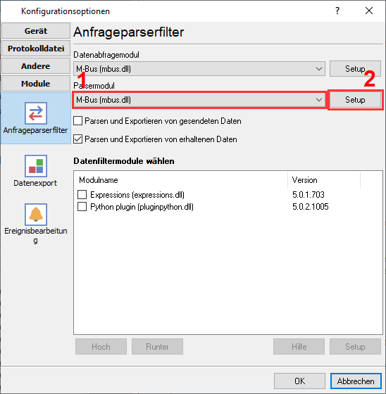 M-Bus-Plugin-Auswahl zum Auslesen von Wasserzählerdaten.