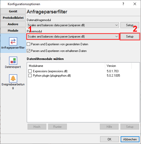 Waagen- und Waage-Plugin-Auswahl zur Abfrage eines Geräts und zum Parsen eingehender Daten.