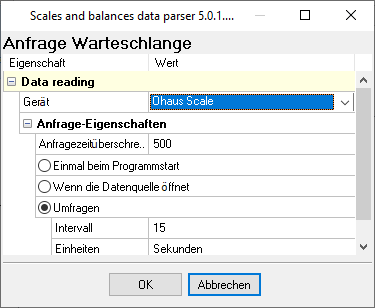 Waagen- und Waage-Plugin-Konfiguration: Waagentyp und Abfrageintervall.