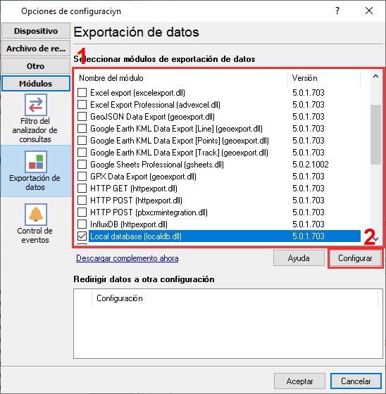 Selección de complemento para exportar datos analizados a archivos CSV o de texto.