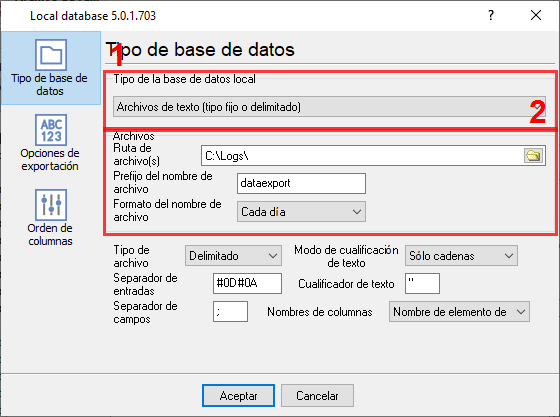 Exportación CSV: selección del tipo de archivo y ajustes finos.