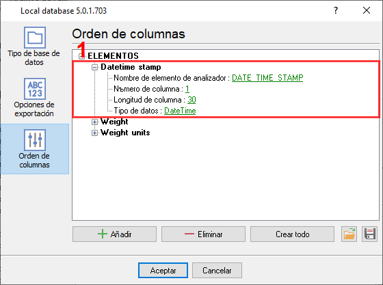 Configuración de columnas en archivos CSV.