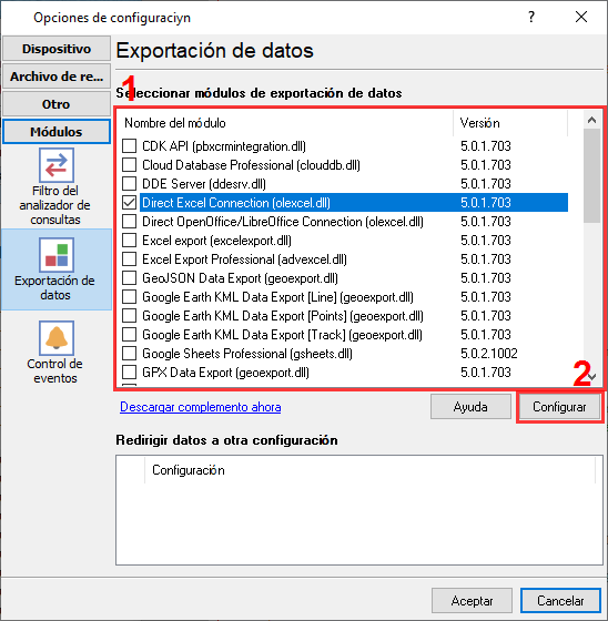 Selección del conector directo de Excel.