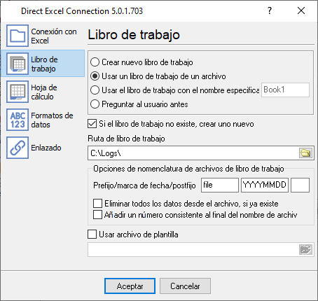 Configuración del libro de Excel.