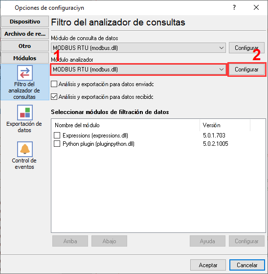 Selección del complemento MODBUS RTU para consultar y analizar datos.
