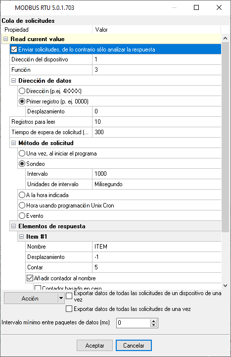 Cola de consultas MODBUS RTU: configuración personalizada para leer diferentes registros.