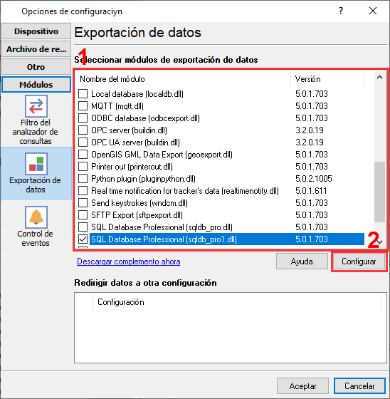 Selección del conector de base de datos PostgreSQL.