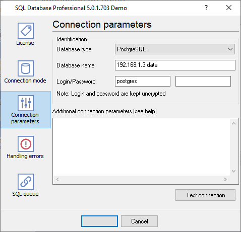 Configuración de conexión de la base de datos PgSQL.