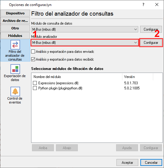 Selección del complemento M-Bus para leer datos del contador de agua.