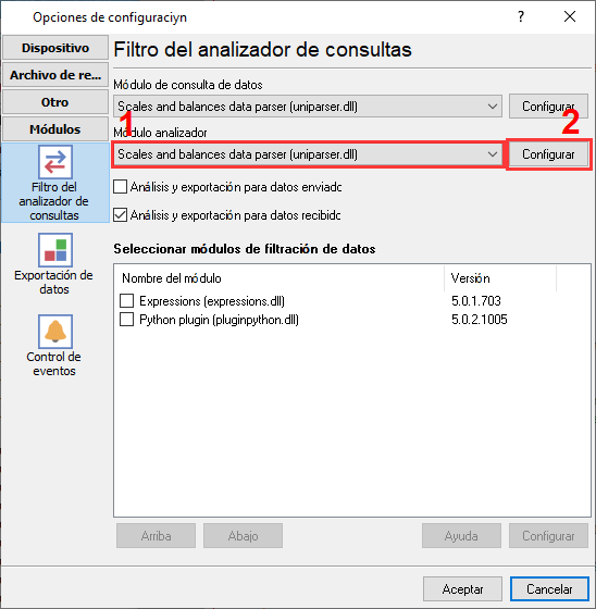 Selección del complemento de básculas y balanzas para sondear un dispositivo y analizar los datos entrantes.