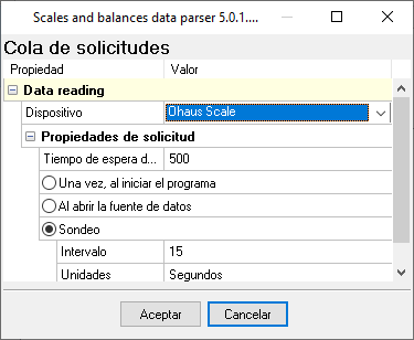 Configuración del complemento de básculas y balanzas: tipo de báscula e intervalo de sondeo.