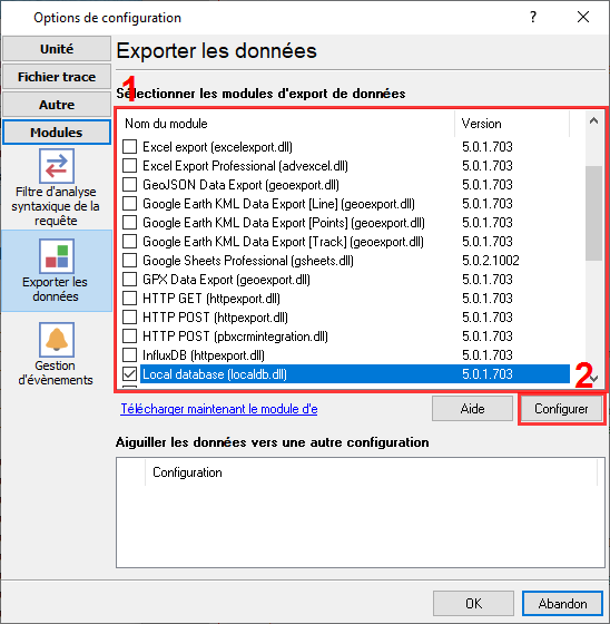 Sélection du plugin pour exporter les données analysées vers des fichiers CSV ou texte.