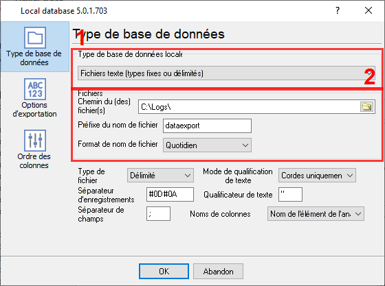 Export CSV : sélection du type de fichier et réglages fins.