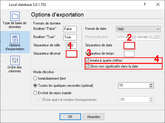 Règles de formatage des données CSV (date, nombres, etc.).