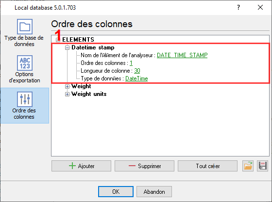Configuration des colonnes dans les fichiers CSV.