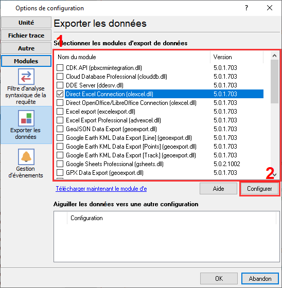 Sélection du connecteur Excel direct.