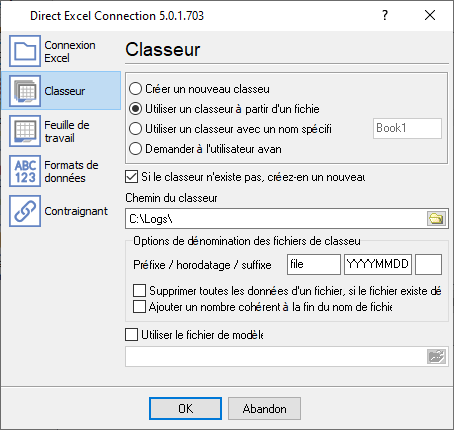 Paramètres du classeur Excel.