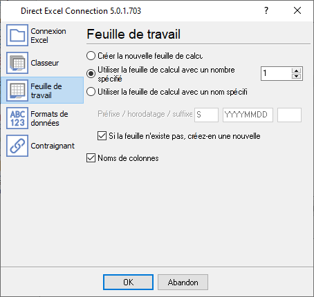 Paramètres de la feuille de calcul Excel.