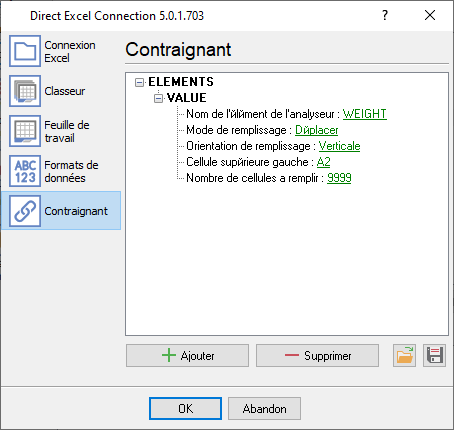 Liaison : attribuez les données de votre analyseur aux colonnes.