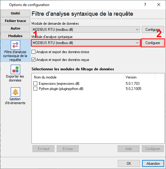 Sélection du plugin MODBUS RTU pour interroger et analyser les données.