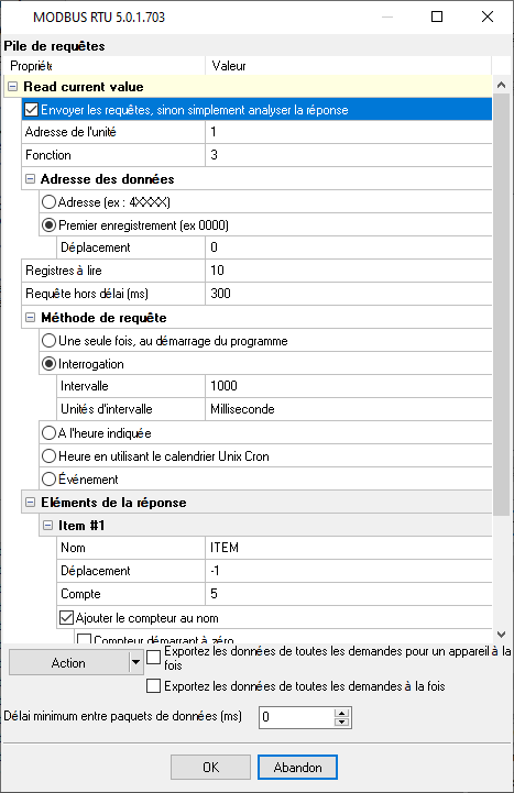 File d’attente des requêtes MODBUS RTU : configuration personnalisée pour lire différents registres.
