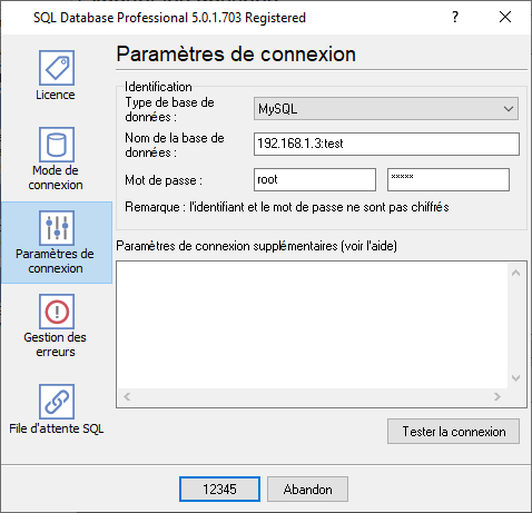 Paramètres de connexion à la base de données MySQL.