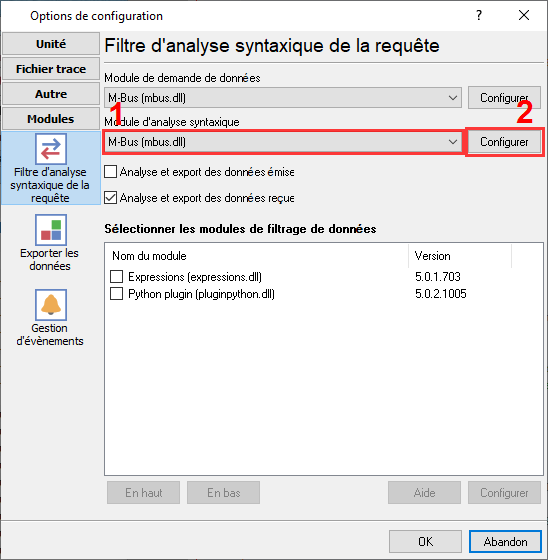 Sélection du plugin M-Bus pour lire les données du compteur d’eau.
