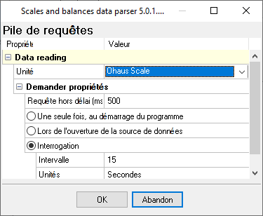 Configuration du plugin de balances : type de balance et intervalle d’interrogation.