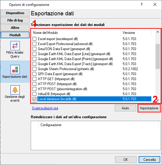 Selezione del plugin per esportare i dati analizzati in file CSV o di testo.