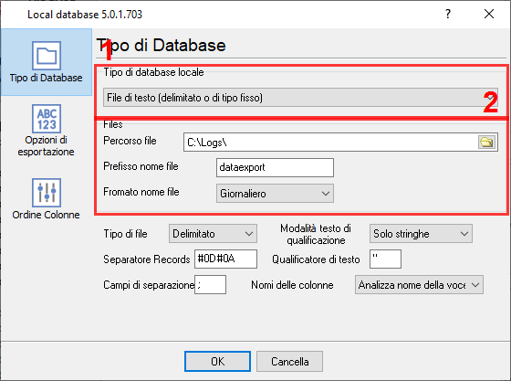 Esportazione CSV: selezione del tipo di file e messa a punto.
