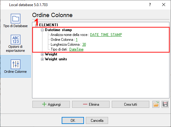 Configurazione delle colonne nei file CSV.