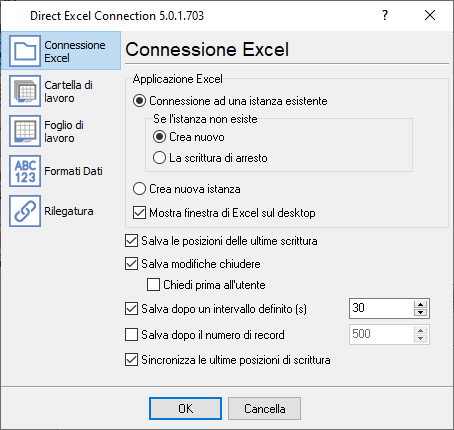 Posizione e denominazione del file Excel.