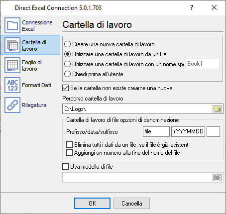 Impostazioni della cartella di lavoro Excel.