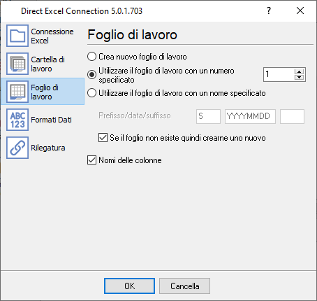 Impostazioni del foglio di lavoro Excel.