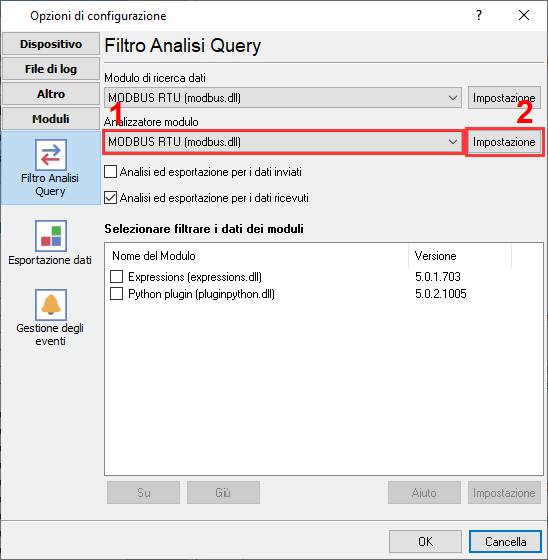 Selezione del plugin MODBUS RTU per interrogare e analizzare i dati.