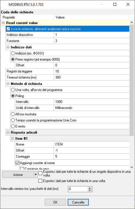 Coda di interrogazione MODBUS RTU: configurazione personalizzata per leggere diversi registri.