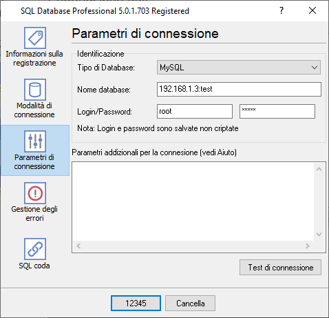 Impostazioni di connessione al database MySQL.