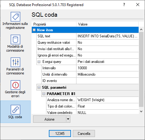 Coda SQL per inserire i dati nella Sua tabella.