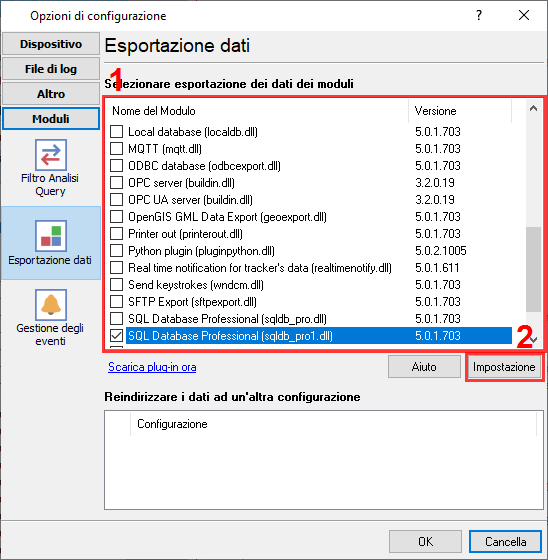 Selezione del connettore del database PostgreSQL.