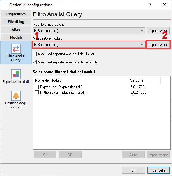 Selezione del plugin M-Bus per leggere i dati del contatore dell’acqua.