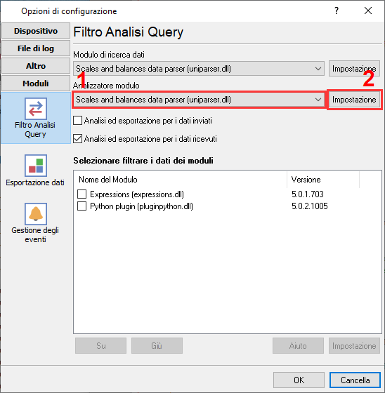 Selezione del plugin bilance per interrogare un dispositivo e analizzare i dati in arrivo.
