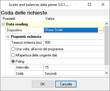 Configurazione del plugin bilance: tipo di bilancia e intervallo di interrogazione.