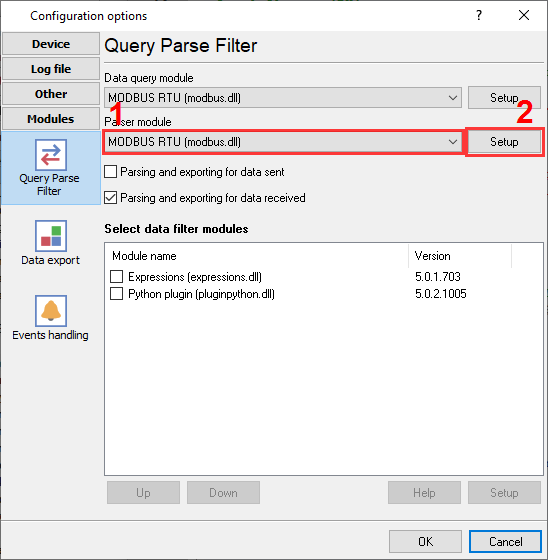MODBUS RTU plugin selection to query and parse data.