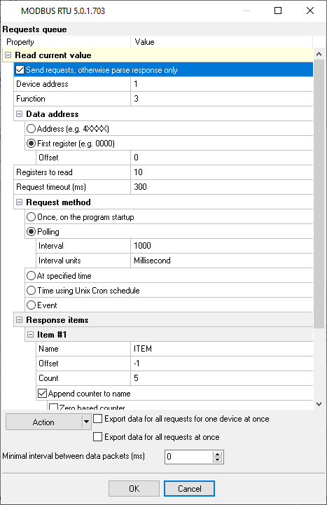 MODBUS RTU query queue: custom configuration to read different registers.